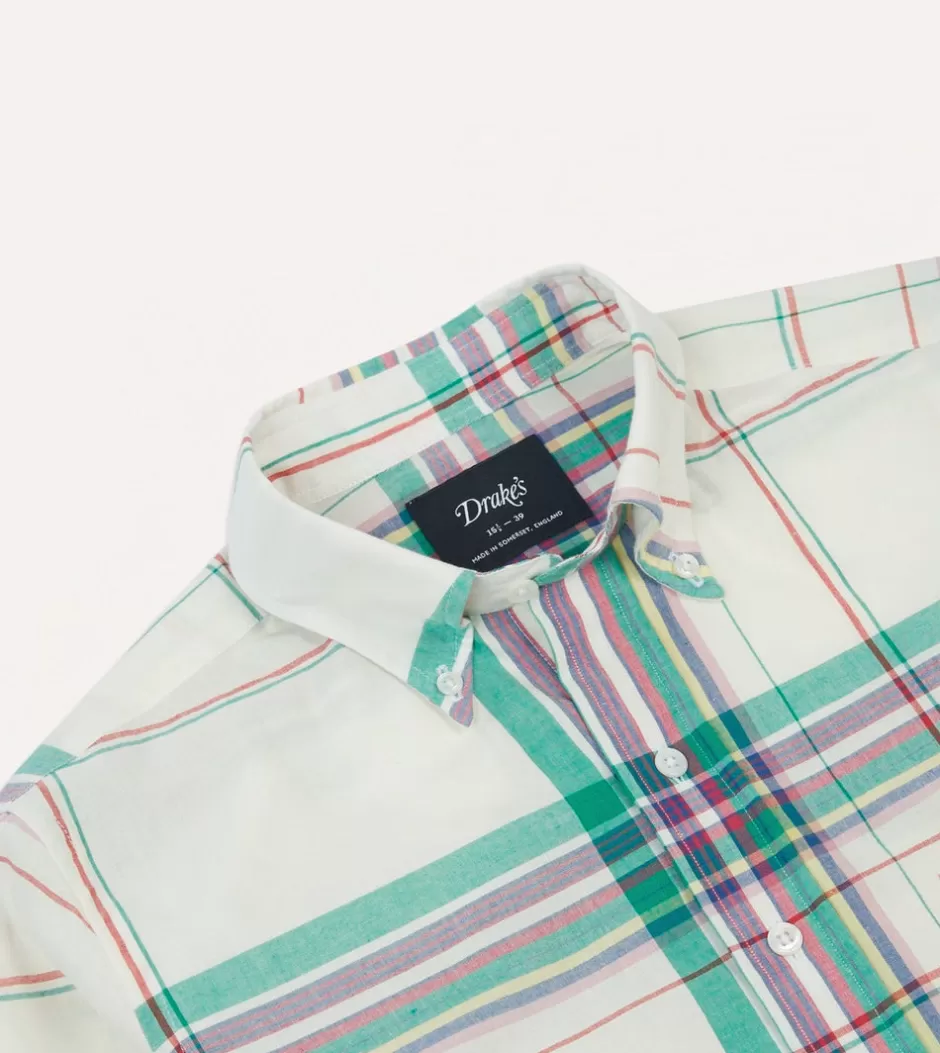 Drake's White, Purple And Green Madras Check Cotton Button-Down Shirt Clearance