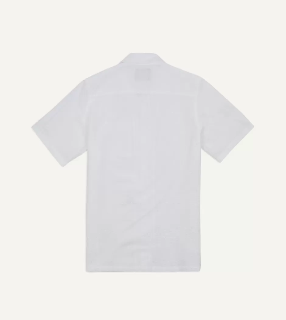 Drake's White Seersucker Camp Collar Short Sleeve Shirt Store