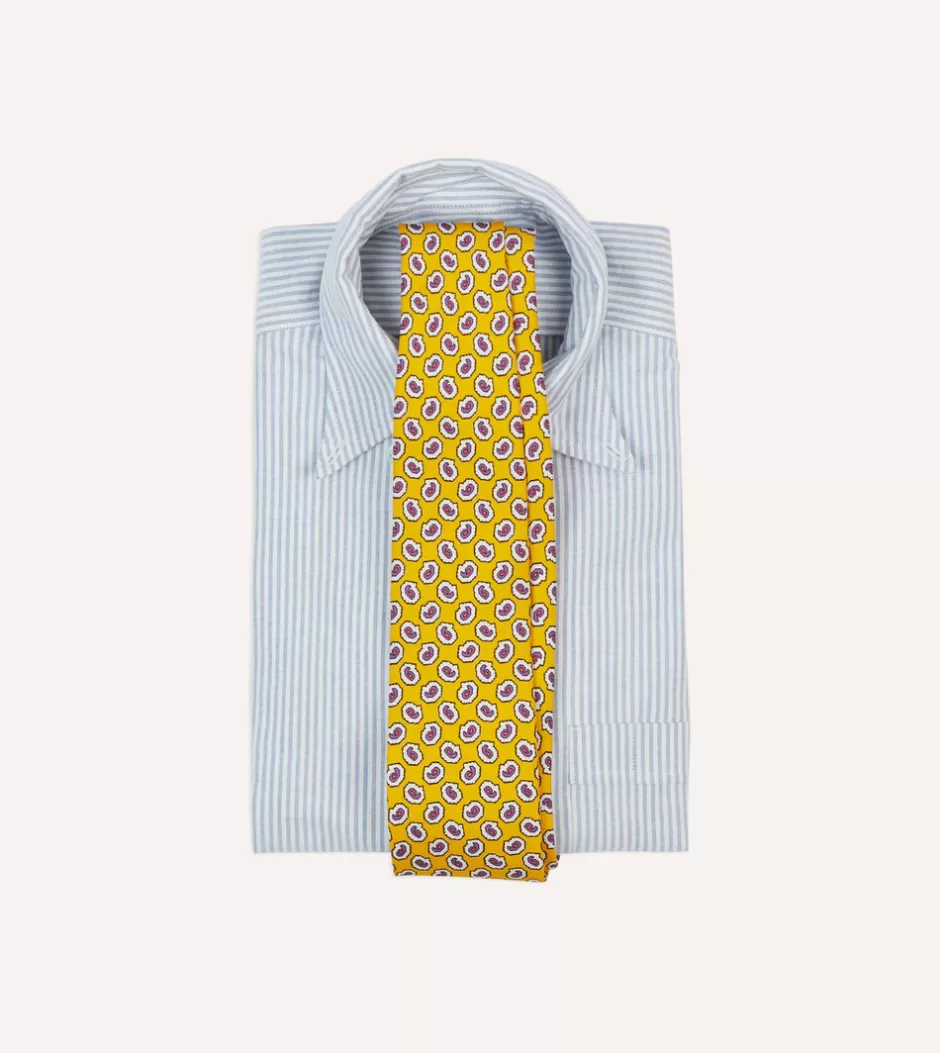 Drake's Small Paisley Leaf Print Silk Self Tipped Tie Yellow Best