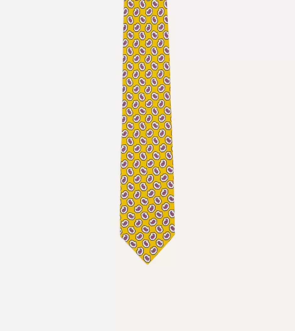 Drake's Small Paisley Leaf Print Silk Self Tipped Tie Yellow Best