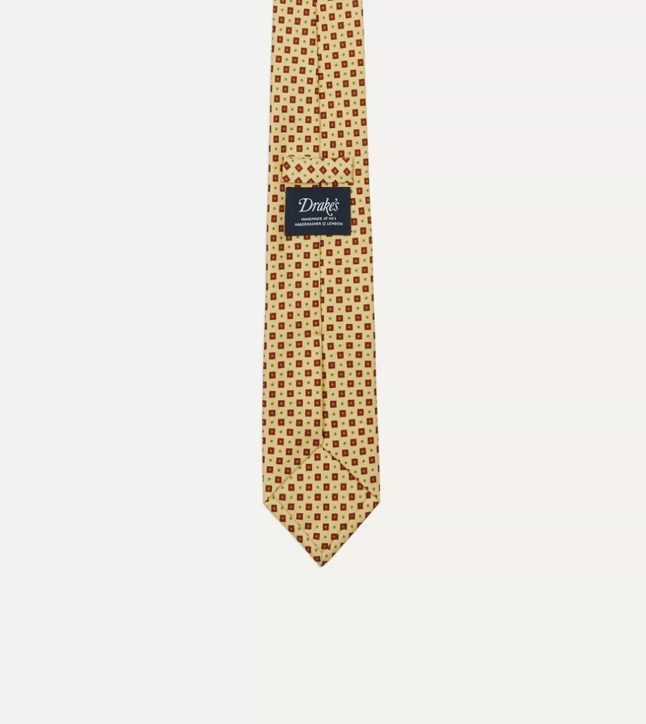 Drake's Yellow Square Medallion Print Silk Foulard Self Tipped Tie Best Sale